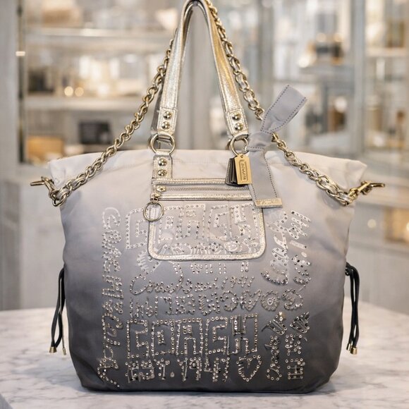 Limited Edition Coach Poppy Silver Ombre Rhinestone Storypatch Spotlight XL Tote